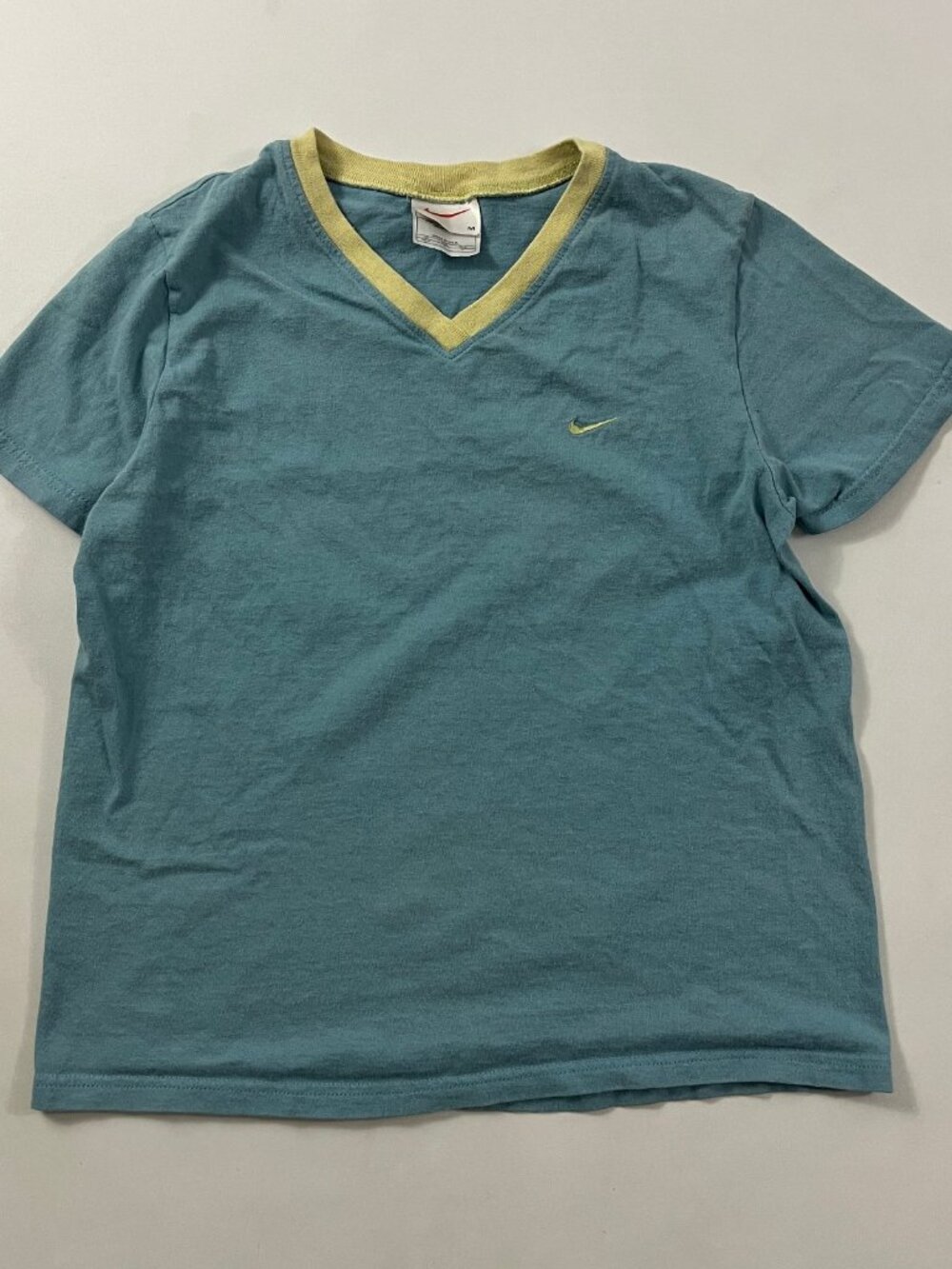 Vintage Y2K Nike Blue Yellow V-Neck Tee Made in USA M